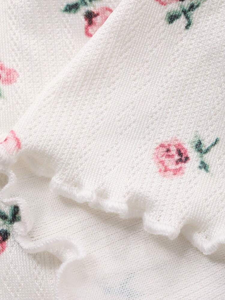 Sweet Ditsy Floral Frill Trim Short Sleeve & Shorts Pajama Set For Women