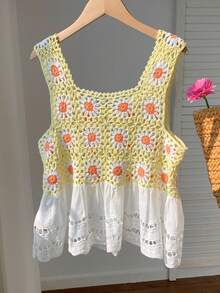 Comfortcana Multi-Color Crochet Floral Patchwork Ruffle Hem Front Tie Knit Vest - Multicolor - View 2