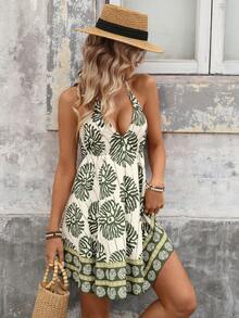 Brillora Spring/Summer Vacation Printed Chiffon Mini Dress For Women - Green - View 3
