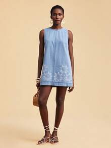 Travachic Women's Round Neck Geometric Pattern Casual Vacation Everyday Denim Dress - Light Wash - View 2