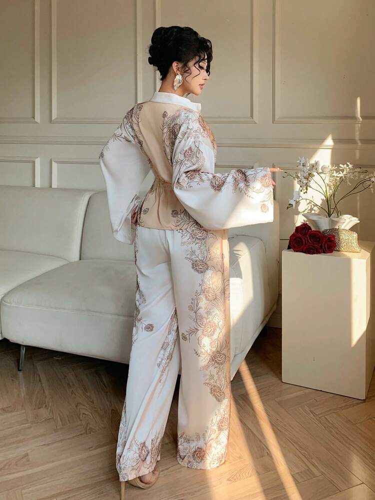 Women's Casual Floral Print Stand Collar Drawstring Shirt And Wide Leg Pants 2-Piece Set, Spring