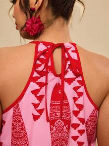 Travachic Plus Size Women Boho Summer Holiday Style Fish Print Halter Top - Red - View 4