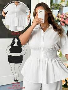 SHEIN CURVE+ 大码女式夏季休闲日常通勤简约纯色收腰宽松衬衫 - 白色 - 查看 1