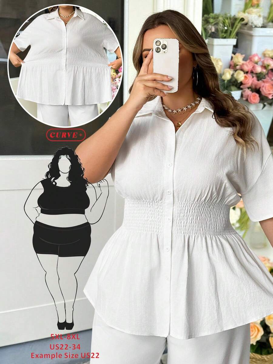 SHEIN CURVE+ 大码女式夏季休闲日常通勤简约纯色收腰宽松衬衫 - 白色 - 查看 1