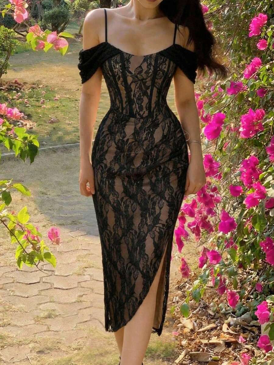 SHEIN MOD 女士优雅露肩蕾丝连体修身中长连衣裙 - 黑色 - 查看 1