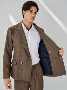 RONVEXI Men's Herringbone Mandarin Collar Double-Breasted Jacket And Pants Business Suit Set - Rust Brown - View 3