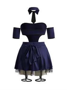 6pcs Fantasy Costume Set: Mesh Splice Tie, G-String, Sleeve Cuffs, Sexy Lingerie Set For Women - Navy Blue - View 9