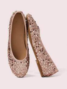 CUCCOO DOLLMOD Women's Shiny Minimalist Round Toe Cute Ballet Shoes, Sequin Material, Suitable For All Seasons And Occasions - Pink - View 1