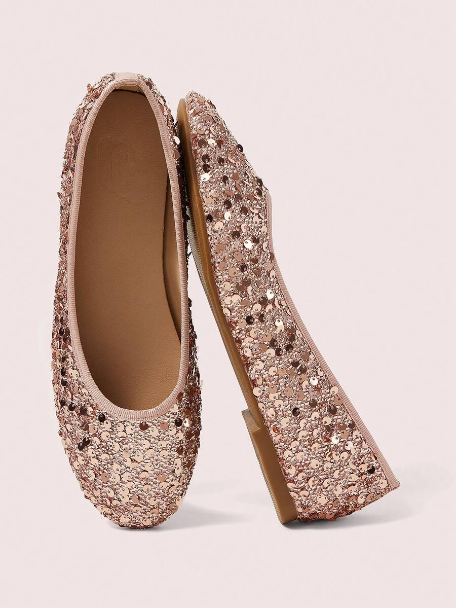 CUCCOO DOLLMOD Women's Shiny Minimalist Round Toe Cute Ballet Shoes, Sequin Material, Suitable For All Seasons And Occasions - Pink - View 1