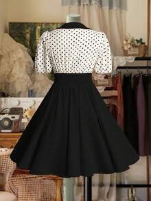 Sweetra Plus Size Polka Dot Patchwork Solid Color Mini Dress, Spring/Summer - Black - View 2