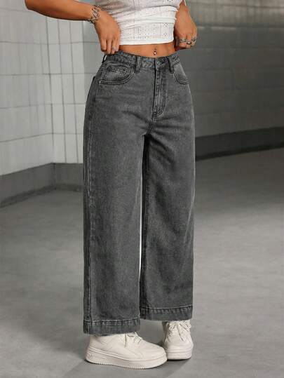 SHEIN PETITE 女士带口袋阔腿宽松休闲百搭牛仔裤