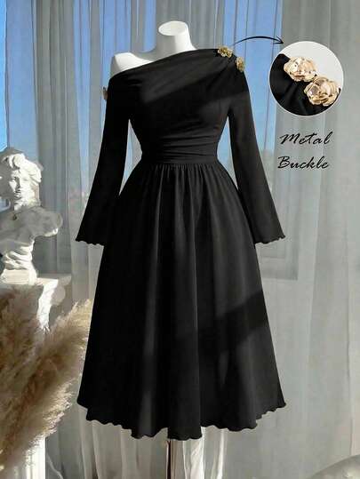 SHEIN MOD Plus Size Apricot Asymmetric-Shoulder Midi Dress For Women, One Shoulder Dress Elegant, Fall / Winter, Autumn Clothes For Women, Thanksgiving Dress, New Year Dress, Party Dress, Elegant Dresses For Ladies, Chic Autumn, Christmas Dress Church Dress Black Elegant Dress Funeral Dress French Style Dress Black Dress With Sleeves Black Funeral Dress Women Black Church Dress