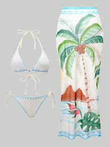 Swim Oasis 3件套女士印花系带比基尼套装，正面金属装饰，热带度假装，沙滩装，沙滩俱乐部装，泳装罩衫裙，沙滩裙套装 - 彩色 - 查看 2