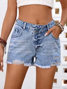 Breezaya 女士简约日常雪花牛仔短裤 - 藍色 - 查看 10