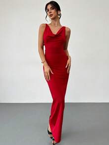Women's Red Knitted Fabric Maxi Dress With Cowl Neck Sleeveless Fitted Style - Red - View 7
