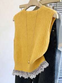 SHEIN LUNE 2026 كنزة صوفية نسائية كاجوال بسيطة متعددة الاستخدامات مع تريم أصفر وحاشية من الدانتيل، مناسبة للارتداء اليومي للمقاسات الكبيرة - أصفر - مشاهدة 2