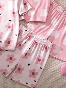 女童紫色花卉印花和冰淇淋印花全印花短袖短裤两件套睡衣 - 彩色 - 查看 6