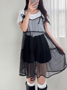 Top de tirantes casual de mujer con parche de malla y lazo a cuadros, para el verano - Negro - Ver 2