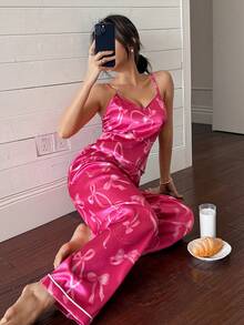 Conjunto de pijama de camiseta de tirantes y pantalones de seda sintética con estampado de lazo - Rosa Fucsia - Ver 5