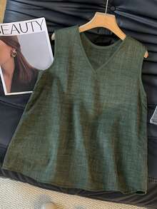 Resyla 女士亚麻质感V领无袖背心+短裤套装，休闲度假日常穿着，春夏款 - 綠色 - 查看 3