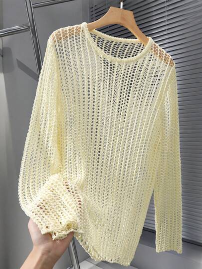 Manfinity RSRT كنزة صوفية رجالية بياقة مستديرة وأكمام طويلة، بتصميم فضفاض مفرغ