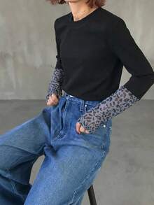 FRIFUL Camiseta casual de manga larga y cuello redondo con estampado de leopardo en patchwork, versátil, para otoño/invierno - Negro - Ver 2