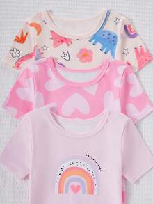 Genkimix Kids 6件套女童短袖修身睡衣套装，饰有蝴蝶结和爱心印花，弹性面料，可机洗，穿着舒适，易于打理（3套单独出售） - 彩色 - 查看 6