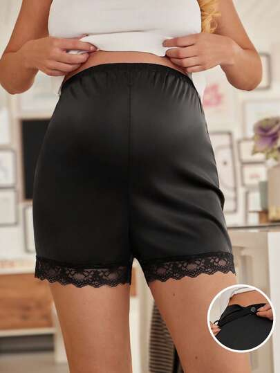 SHEIN Maternity Summer Solid Color Elastic Waist Contrast Lace Shorts