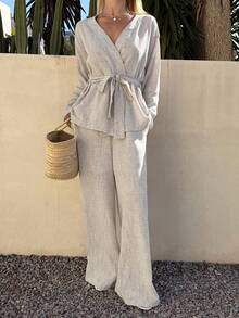 DAZY 女士春秋季休闲度假通勤纯色交叉领系带衬衫和裤子两件套 - 卡其色 - 查看 6