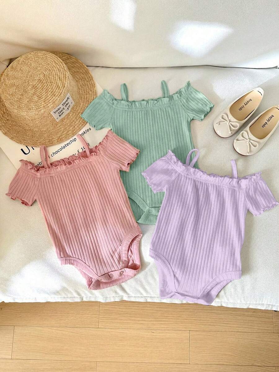 SHEIN LMoss Kids 3件組新生女嬰休閒可愛簡約純色露肩短袖連身衣 - 彩色 - 查看 1