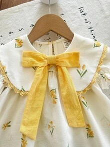 SHEIN 女宝宝可爱夏季碎花图案黄色蝴蝶结短袖连衣裙 - 黃色 - 查看 5