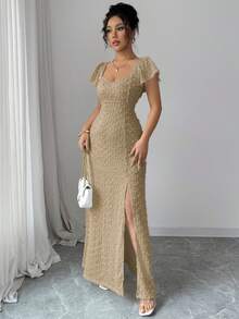 Rafferiza Đầm dài nữ màu trơn, xẻ tà, thiết kế thanh lịch, thắt eo, thích hợp cho các buổi hẹn hò và tiệc tùng. - Màu Khaki - Xem 4