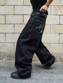 Manfinity EMRG Men's Casual Fashion Street Daily Commute Funny Print Contrast Stitch Loose Bootcut Jeans - Black - View 8