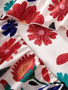 Girls Red And White Floral Midi Skirt Set,Summer Vacation Holiday Brick Red Cropped Tank Top,Flutter Sleeves,Vintage Buttons,Funny Layered Outfit - Multicolor - View 7