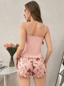 SHEIN Set de pijama de 2 piezas con camiseta de tirantes y pantalones cortos con estampado de oso - Multicolor - Ver 2
