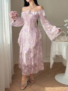 DAZY Spring Ruffled Hem Bridesmaid Wedding Guest Elegant Waist Midi Dress For Women Sundress - Purple - View 5