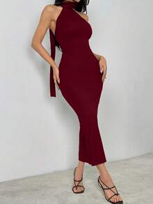 SHEIN PETITE Solid Halter Neck Backless Bodycon Dress Long Bodycon Dress Long Sexy Dress - Burgundy - View 7