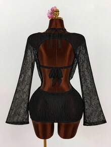 Amplova 3件套女士性感挂脖比基尼套装 - 上衣、下装和罩衫 - 黑色 - 查看 2