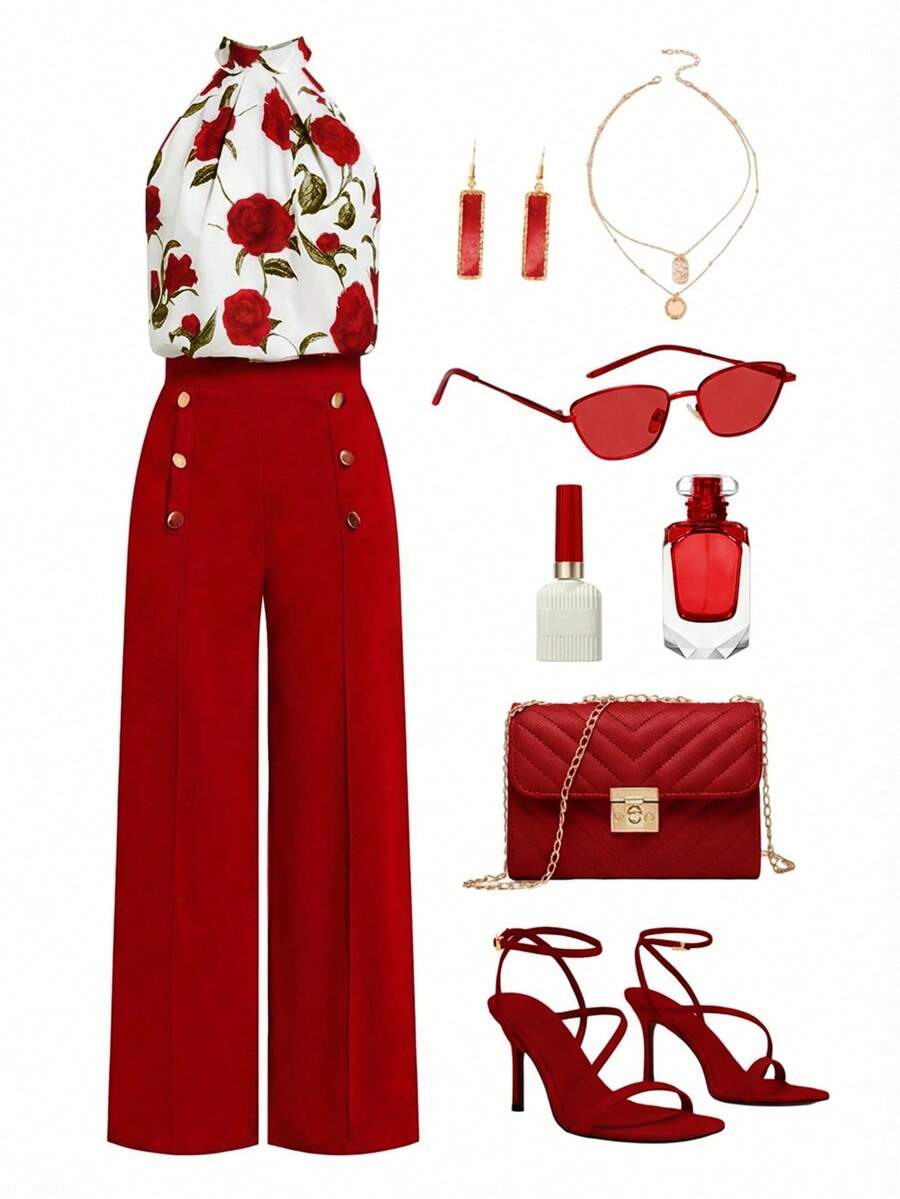 Ellevyn Plus Size Elegant Floral Print Halter Top And Button Decorated Pants 2-Piece Set, Summer - Red - View 1