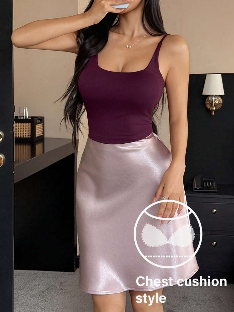 Women's Elegant Solid Color Camisole Top With Built-In Padding And Satin Slip Skirt Pajama Set, Summer
