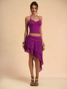 SHEIN BAE Women's Solid Fuchsia Tight Spaghetti Strap Mesh Camisole And Asymmetrical Skirt 2-Piece Set, Mesh 2-Piece Set, Summer Outfit, Spring/Summer - Hot Pink - View 4