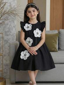 SHEIN Young Girl Woven Colorblock 3D Floral Round Neck Cap Sleeve Black Summer Dress,Kids A-Line 7th Birthday Party Dress For 8 Year Old Elegant Abaya - Red - View 3