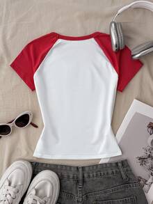 Tween Girls' Red & White Contrast Bow Print Knit Pullover T-Shirt, Casual, Fashionable, Versatile, Suitable For Outings, Sister Photo Shoots, Park Trips, Camping, Vacations, Daily Leisure - Red and White - View 2