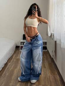 StreetHx Women's Punk Style Casual Street Fashion Versatile Loose Fit Denim Jeans - Medium Wash - View 5