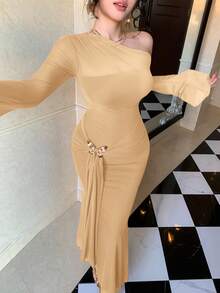 DAZY Elegant Solid Color Asymmetric Ruched Butterfly Decor Fishtail Midi Dress For Women, Autumn Sundress - Apricot - View 4