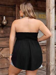 SHEIN CURVE+ Áo kiểu dáng US22, chất liệu vải dày dặn, thích hợp cho lễ hội âm nhạc, kỳ nghỉ bên bờ biển, phong cách Bohemia. Áo không tay, cổ buộc dây, bèo nhún, vạt bất đối xứng, viền ren, màu đen, thích hợp cho mùa xuân/hè. - màu đen - Xem 3