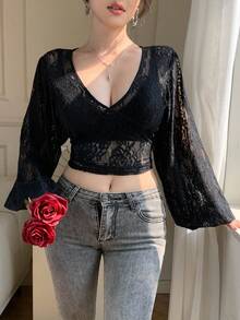 DAZY Women's Elegant Lace V-Neck Blouse, Spring/Summer Long Sleeve Tops Women - Black - View 10