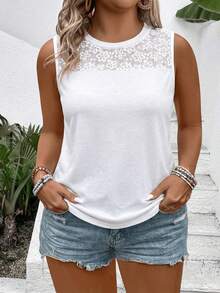 EMERY ROSE Plus Size Women's Lace Trim Patchwork Camisole, Spring/Summer New Arrival - White - View 6