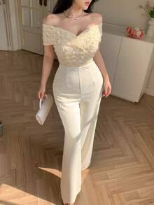 DAZY 女士优雅亮片拼接露肩阔腿连体裤，夏季 - 米色 - 查看 5