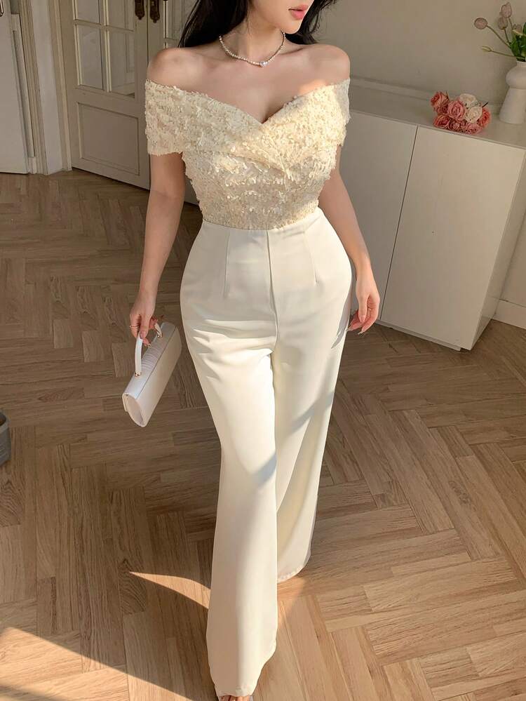 DAZY Mono elegante de mujer con parches de lentejuelas y hombros descubiertos, de pierna ancha, para verano - Beis - Añade 5